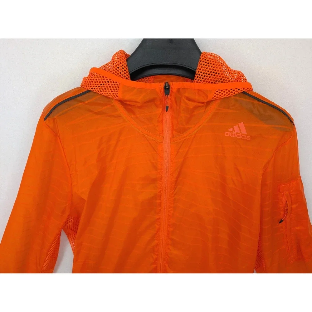 Adidas Running Jacket Bright Orange Hooded Lightweight Mesh Vent Windbreaker M